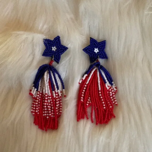 Patriotic Red, White & Blue Beaded Star Tassel Earrings - Picture 4 of 4